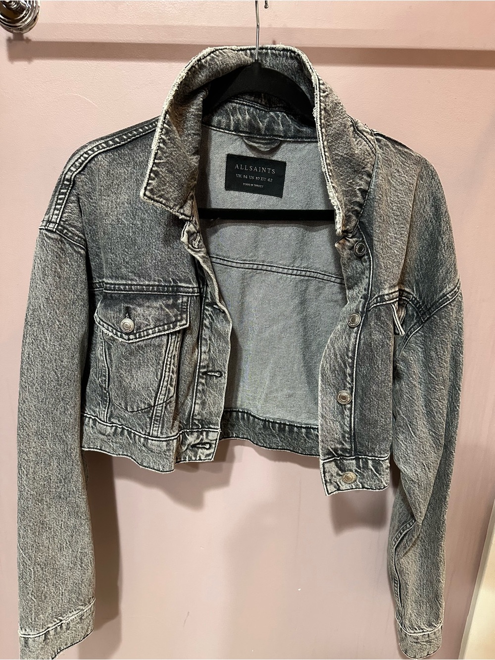 AllSaints Vintage Wash Cropped Jean Jacket - Gray